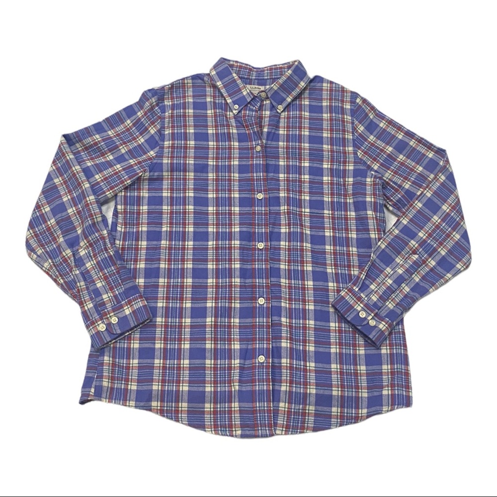 Womens LL Bean Purple White Flannel Long Sleeve Shirt